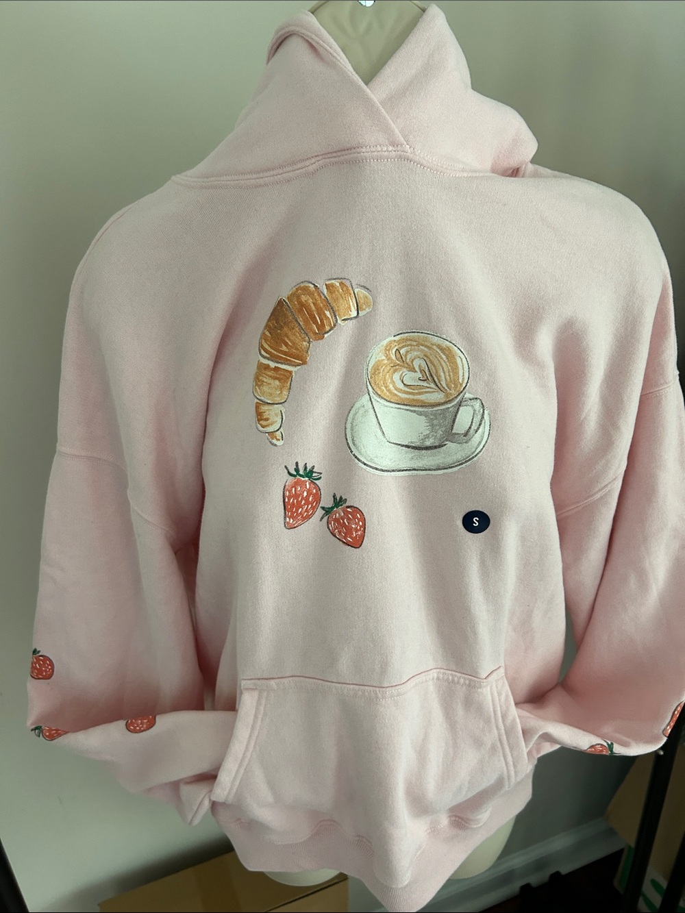 Hollister Pink Hoodie with Croissant, Latte & Strawberry Embroidery